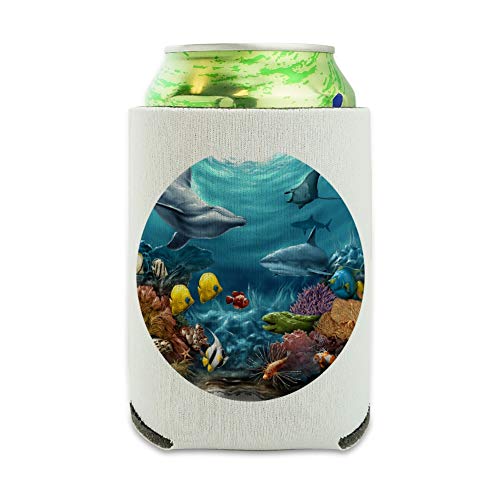 Graphics & More Coral Reef Ocean Scene Dolphin Turtle Shark Stingray Fish Can Cooler - Drink Sleeve Hugger Collapsible Insulator - Beverage