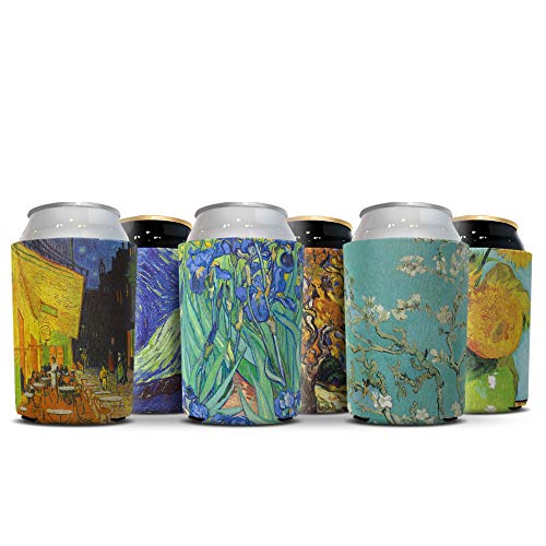 WIRESTER Can Cooler Sleeves for Soda Beer Can Drinks, 6 Pack - Almond Blossom + Cafe Terrace At Night + Irises + The Starry