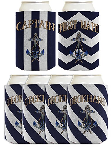 ThisWear Funny Can Coolie Sailing Captain First Mate Deckhand Bundle Boating Gift 6 Pack Can Coolie Drink Coolers Coolies Navy Stripes