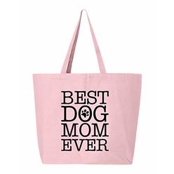 BeeGeeTees Best Dog Mom Ever Natural Canvas Tote Bag Cloth Shopping Bag (Jumbo 20"x15"x5") (Pink)