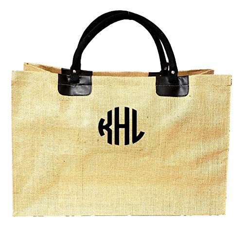 Sona G Designs XL Natural Jute Burlap Shopper Tote Bag with Cotton webbed handles (Natural with Embroidered Monogram)