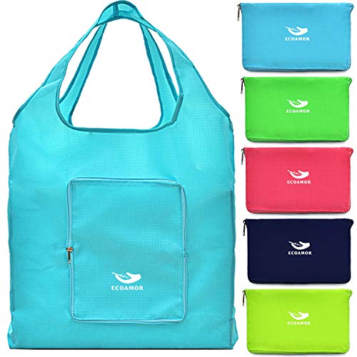 ECOAMOR Foldable Reusable Grocery Bags 5 Pack - 24.8"x16.5" Capacity - Eco-Friendly Nylon Reusable Shopping Tote Bag fits in Pocket