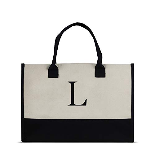 Summer Land Canvas Tote Monogram Tote Bag with 100% Cotton Canvas and a Chic Personalized Monogram (Black Block Letter - L)