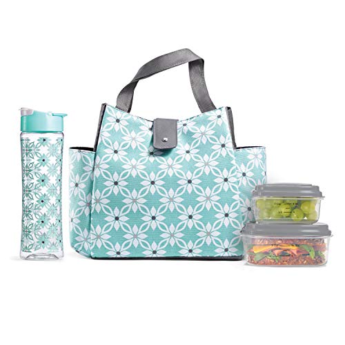 Fit & Fresh Insulated Lunch Bag Kit, includes Matching Bottle and Containers, Westport Aqua Dogwood