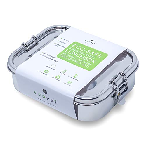 Ecozoi LEAK PROOF Stainless Steel 1-Tier Eco Lunch Box Metal Bento Box | BONUS POD and REDESIGNED Silicone Seal | Sustainable