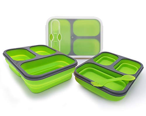 Exclusivo Bolsillo Bento Lunch Box, BPA Free, Collapsible and Leakproof Silicone Food Storage Containers with 3 Compartments