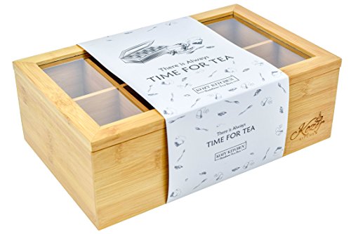 Kozy Kitchen Tea Box Storage Organizer| Large 8-Storage Compartments and Clear Shatterproof Hinged Lid Tea Chest|Enhanced
