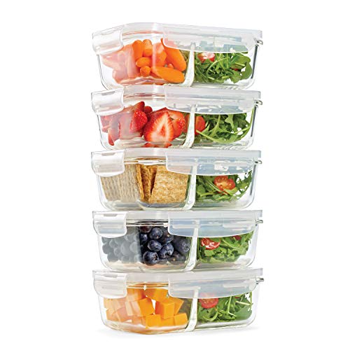 Fit & Fresh Divided Glass Containers, 5-Pack, Two Compartments, Set of 5  Containers with Locking Lids, Glass Storage, Meal