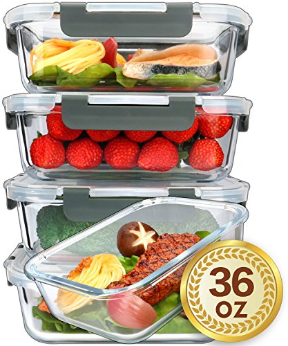M MCIRCO [5-Packs, 36 Oz.] Glass Meal Prep Containers with Lifetime Lasting Snap Locking Lids Glass Food Containers,Airtight Lunch
