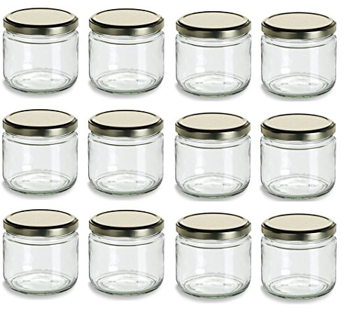 Nakpunar 12 oz Glass Salsa Jars with Gold Lid - Set of 12 - Made in USA