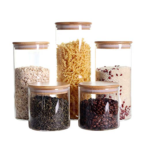 LEAVES AND TREES Y Stackable Kitchen Canisters Set, Pack of 5 Clear Glass  Food Storage Jars Containers with Airtight Bamboo Lid for Candy