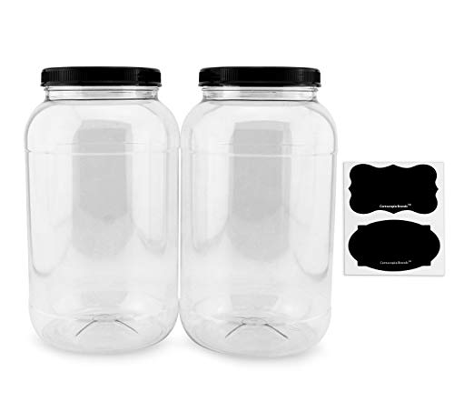 Cornucopia Brands Cornucopia Gallon Plastic Jars (2-Pack); Clear Round Containers with Black Ribbed Lids, BPA-Free 4-Quart Large Size