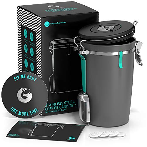 Beans and Coffee Grounds Container - New 2020 Model Coffee Gator Stainless  Steel Canister - CO2 Release Valve, Magnetic Scoop
