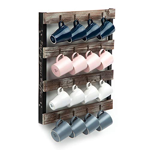 J JACKCUBE DESIGN Coffee Mug Holder Wall Mounted Rustic Wood Cup Organizer with 16-Hooks Hanging Rack for Home, Kitchen