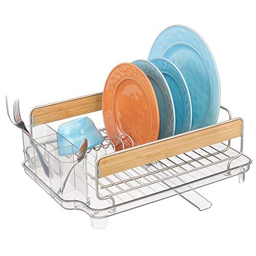 mDesign Large Kitchen Countertop, Sink Dish Drying Rack with Bamboo Wood Accents - Removable Cutlery Tray & Drainboard with