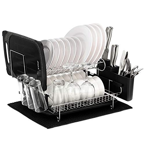 X-Chef 2 Tier Dish Drying Rack, 304 Stainless Steel Large Dish Rack with  Drainboard and Microfiber Mat, Dish Drainer for