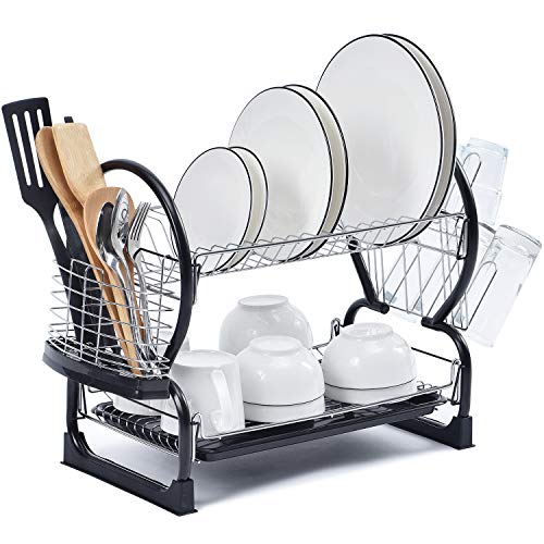 TOOLF 2-Tier Dish Rack,Easy Assemble Large Capacity Dish Drying Rack with Side Mounted Utensil Holder and Cup Holder,