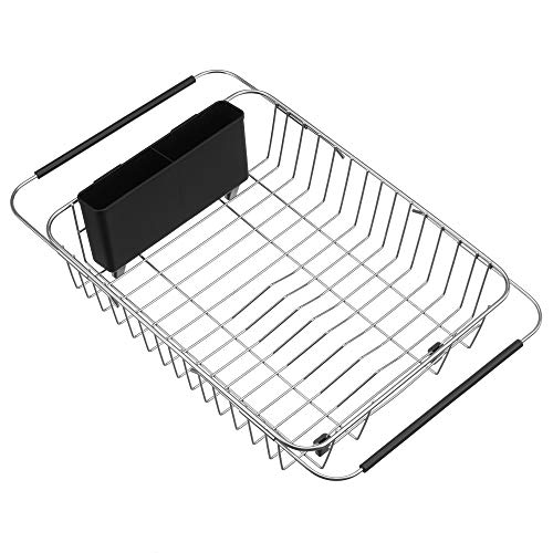 SANNO Expandable Dish Drying Rack Over The Sink Dish Drainer Dish Rack in Sink or On Counter with Utensil Silverware Storage