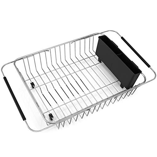iPEGTOP Expandable Dish Drying Rack, Over the Sink Dish Rack, In Sink Or On Counter Dish Drainer with Black Utensil Holder