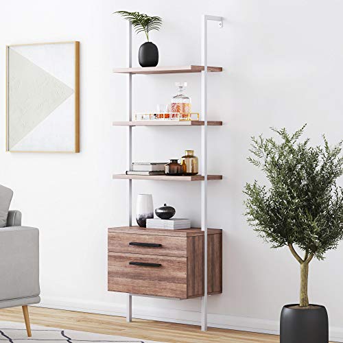 Nathan James Theo Industrial Bookshelf with Wood Drawers and Matte Steel Frame, 3-Tier w, Oak/White