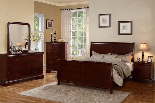 Poundex Louis Phillipe Cherry Queen Size Bedroom Set Featuring French Style Sleigh Platform Bed and Matching Nightstand,