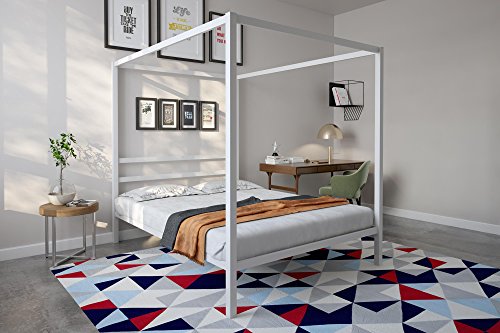 Dorel DHP Modern Canopy Bed with Built-in Headboard, Classic Design, Queen Size, White
