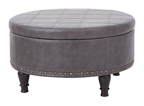 INSPIRED by Bassett Augusta Eco Leather Round Storage Ottoman with Brass Color Nail Head Trim and Deep Espresso Legs, Grey