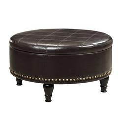 INSPIRED by Bassett Augusta Eco Leather Round Storage Ottoman with Brass Color Nail Head Trim and Deep Espresso Legs, Espresso