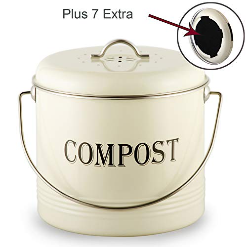 ArtKetty 1.3 Gal Compost Bin for Kitchen Countertop With 7 BONUS Charcoal Filters - Vintage Indoor Scraps Compost Bucket With