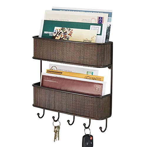 mDesign Wall Mount Metal Woven Mail Organizer Storage Basket - 2 Tiers, 6 Hooks - for Entryway, Mudroom, Hallway, Kitchen,