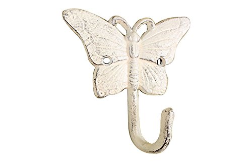 Handcrafted Nautical Decor Whitewashed Cast Iron Butterfly Hook 6" - Rustic Wall Hook - Butterfly Decor