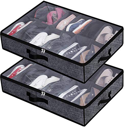 homyfort Under Bed Shoe Storage Organizer for Closet, Shoe Container Box Bedding Storage with Clear Cover (24 Pairs), Set of