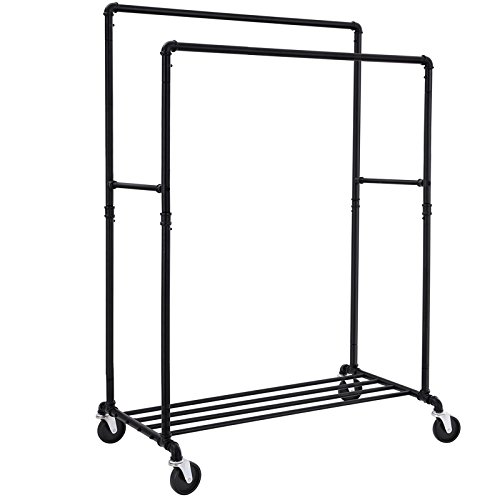SONGMICS Industrial Pipe Clothes Rack Double Rail on Wheels with Commercial Grade Clothing Hanging Rack Organizer for Garment