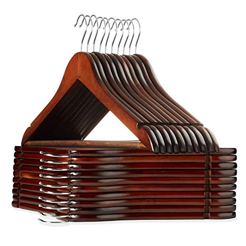 Casafield - 20 Walnut Wooden Suit Hangers - Premium Lotus Wood with Notches & Chrome Swivel Hook for Dress Clothes, Coats,