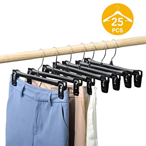 HOUSE DAY Pants Hangers 25 Pcs 12inch Black Plastic Skirt Hangers with Non-Slip Big Clips and 360 Swivel Hook, Durable Sturdy