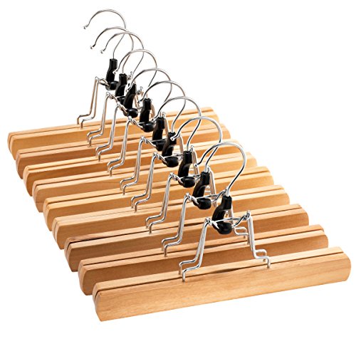 ZOBER High-Grade Wooden Pants Hangers with Clips 10 Pack Non Slip Skirt Hangers, Smooth Finish Solid Wood Jeans/Slack Hanger with