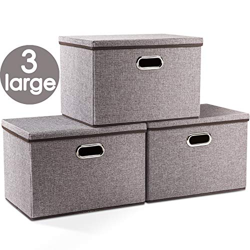 Prandom Large Collapsible Storage Bins with Lids [3-Pack] Linen Fabric  Foldable Storage Boxes Organizer Containers Baskets