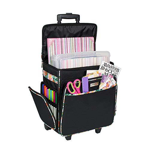Everything Mary Black & Floral Rolling Scrapbook Storage Tote - Scrapbooking Storage Case for Rings, Paper, Binder, Crafts,