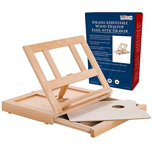 US Art Supply U.S. Art Supply Solana Adjustable Wood Desk Table Easel with Storage Drawer, Paint Palette, Premium Beechwood - Portable