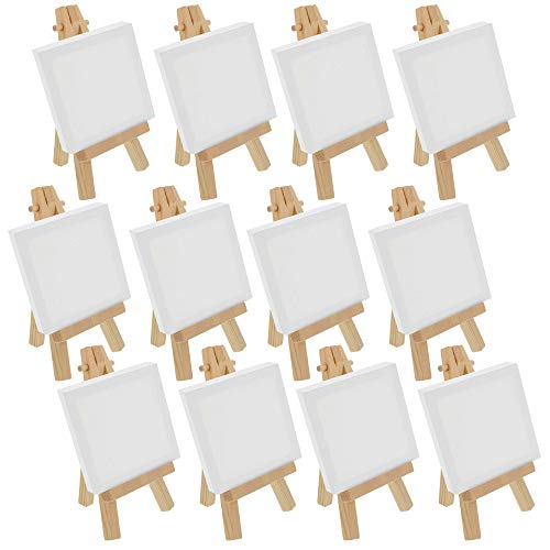 U.S. Art Supply 2" x 2" Stretched Canvas with 5" Mini Natural Wood Display Easel Kit (Pack of 12), Artist Tripod Tabletop