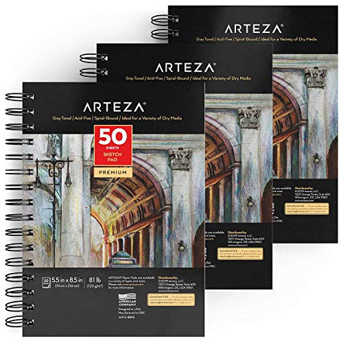 Arteza Gray Sketch Pad 5.5x8.5â€ , Pack of 3, 150 Sheets (81 lb/120gsm),  Spiral Bound Artist Sketchbook, 50 Sheets Each