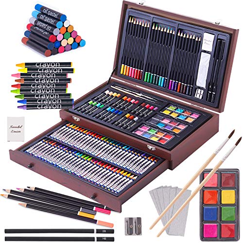 Color More 143 Piece Deluxe Art Set, Art Supplies in Portable Wooden  Case-Painting & Drawing Kit with Crayons, Oil Pastels, Colored