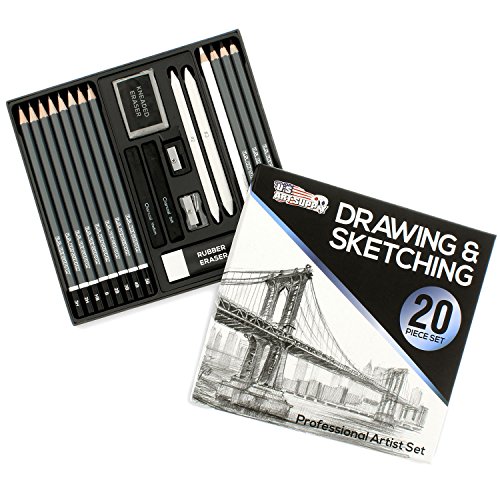 US Art Supply U.S. Art Supply 20 Piece Professional Hi-Quality Artist Sketch Set in Hard Storage Case - Sketch & Charcoal Pencils, Pastel,