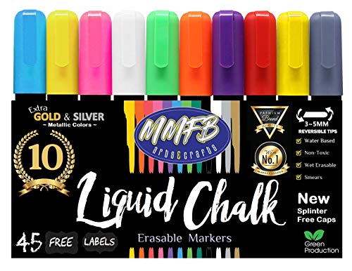 MMFB Arts & Crafts Premium Liquid Chalk Markers Medium Size (10 Pens Size  M) w/ 45 Chalkboard Labels, Wet Erase For Nonporous Blackboards