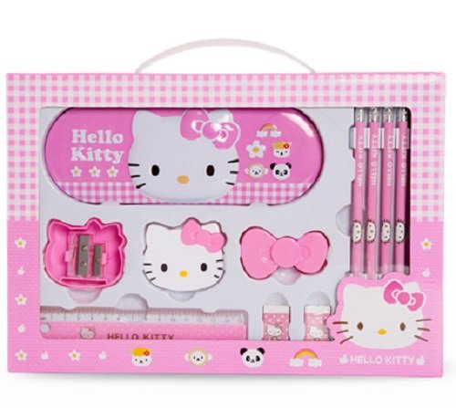 SanrioLicense D6VC9JT GlobalEdge Hello Kitty School Stationery Gift Set;  Includes Metal Case Box, 5 Pencils, 2 Sharpeners, 2 Erasers, 1 Ruler Plus