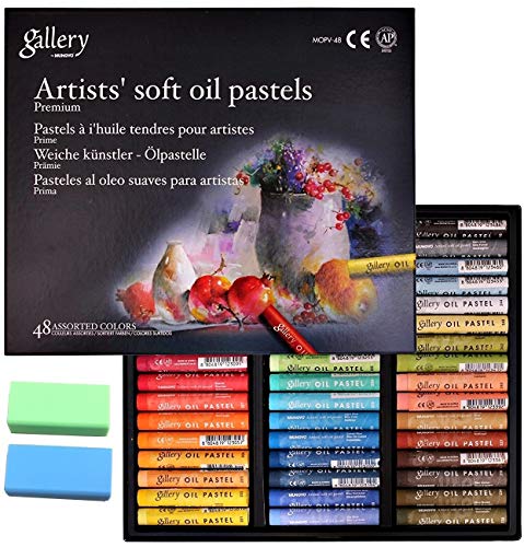 Seoul Gallery [Mungyo Gallery] Non Toxic Soft Oil Pastels Set of 48  Assorted Colors, Bundle with Rubber Pastel Erasers for Artist and