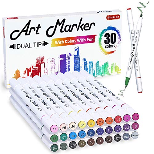 30 Colors Dual Tip Alcohol Based Art Markers,Shuttle Art Alcohol Marker Pens  Perfect for Kids Adult Coloring Books Sketching