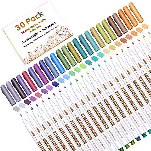 30 Pack Metallic Marker Pens, Lineon 24 Colors Fine Tip Paint Pens with 6  Stencils for DIY Craft Photo Album Rock Art