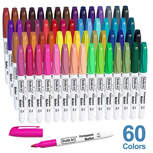 Shuttle Art 60 Colors Permanent Markers, Fine Point, Assorted Colors, Works on Plastic,Wood,Stone,Metal and Glass for Doodling, Coloring,