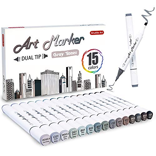 Shuttle Art 15 Colors Grey Tones Dual Tip Art Marker, Permanent Marker Pens Double Ended with Fine Bullet and Chisel Point